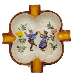 Majolika Schramberg SMF Hand Painted Ashtray Vintage Germany Folk Art Trinket